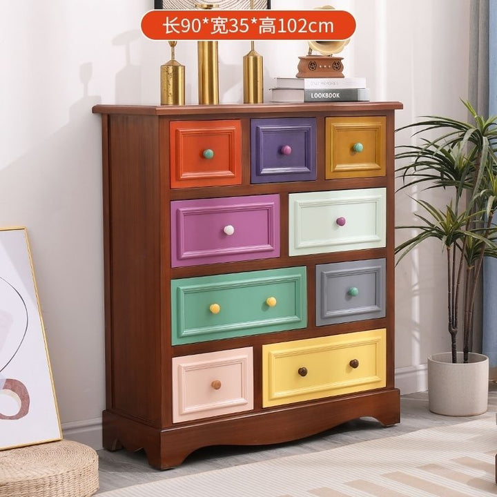 American Retro Chest of Drawers Solid Wood Mediterranean Drawer Storage Cabinet Living Room Distressed Color Five-Bucket Cabinet Bedroom