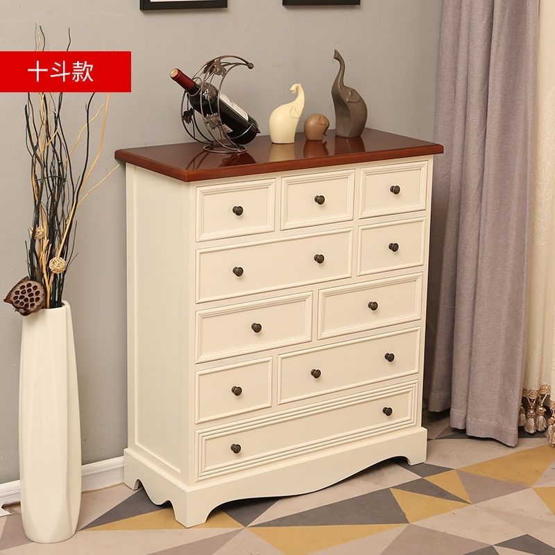 American Retro Chest of Drawers Solid Wood Mediterranean Drawer Storage Cabinet Living Room Distressed Color Five-Bucket Cabinet Bedroom