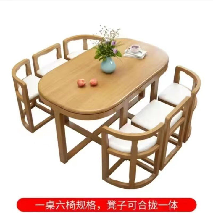 Simple Modern Solid Wood Dining Tables and Chairs Set Oval Household Small Apartment Retractable Dining Tables and Chairs Combination1.3Rice