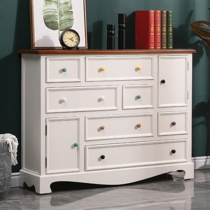 American Retro Chest of Drawers Solid Wood Mediterranean Drawer Storage Cabinet Living Room Distressed Color Five-Bucket Cabinet Bedroom