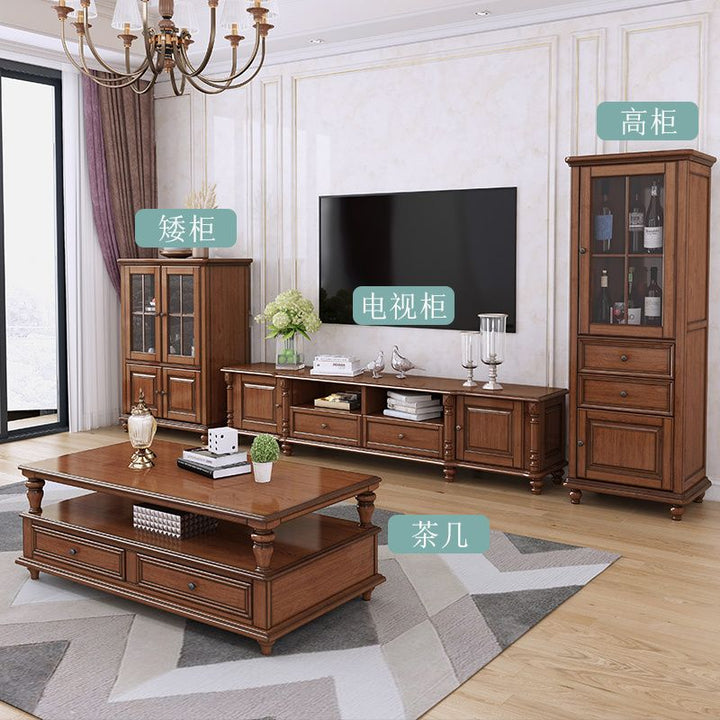 American-Style Solid Wood TV Cabinet and Tea Table Combination Living Room Furniture Suit Wine Cabinet Floor Cabinet Simple European Overall Cabinet