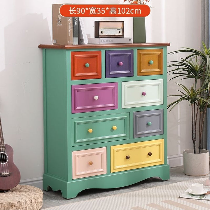 American Retro Chest of Drawers Solid Wood Mediterranean Drawer Storage Cabinet Living Room Distressed Color Five-Bucket Cabinet Bedroom