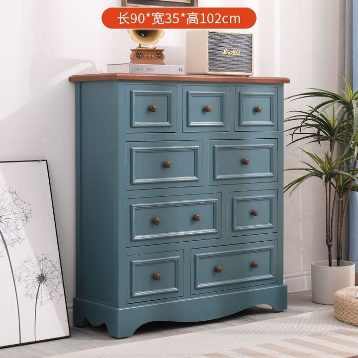 American Retro Chest of Drawers Solid Wood Mediterranean Drawer Storage Cabinet Living Room Distressed Color Five-Bucket Cabinet Bedroom