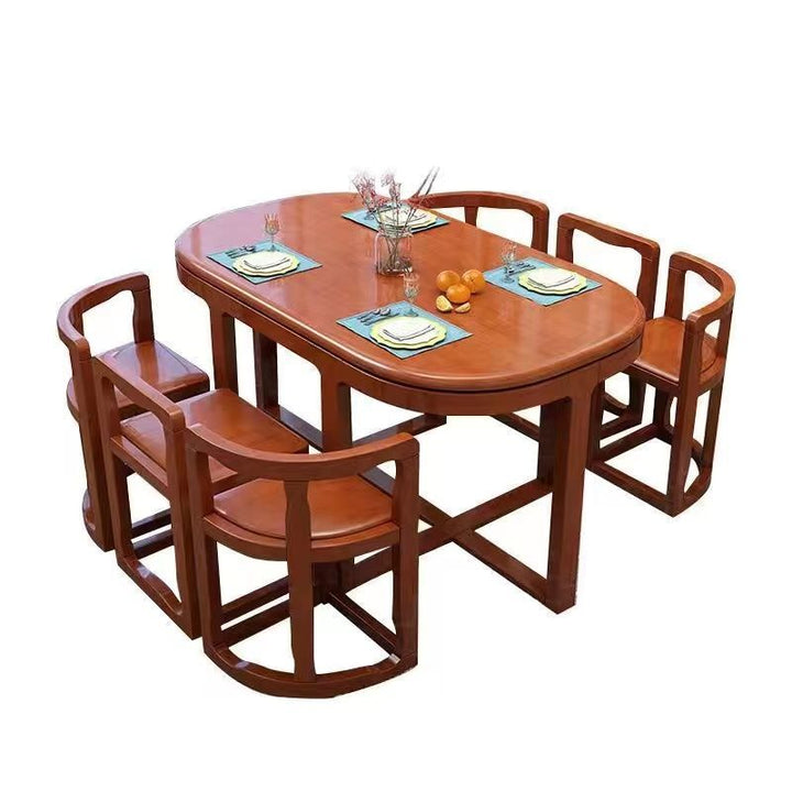 Simple Modern Solid Wood Dining Tables and Chairs Set Oval Household Small Apartment Retractable Dining Tables and Chairs Combination1.3Rice