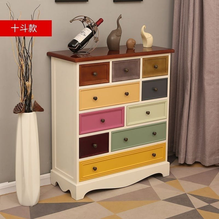 American Retro Chest of Drawers Solid Wood Mediterranean Drawer Storage Cabinet Living Room Distressed Color Five-Bucket Cabinet Bedroom