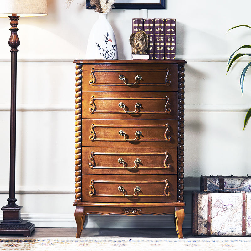 American-Style Chest of Drawers Bedroom European-Style Solid Wood Small Chest of Drawers Five-Bucket Cabinet Living Room Storage Cabinet Drawer Locker