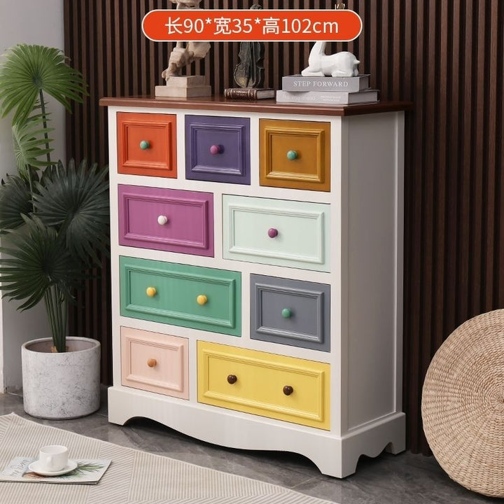 American Retro Chest of Drawers Solid Wood Mediterranean Drawer Storage Cabinet Living Room Distressed Color Five-Bucket Cabinet Bedroom