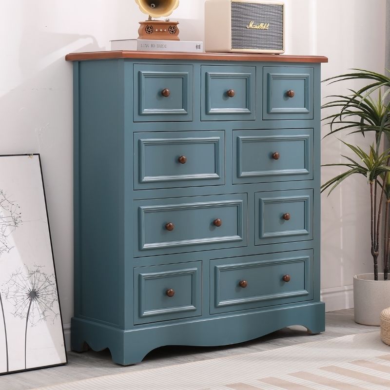 American Retro Chest of Drawers Solid Wood Mediterranean Drawer Storage Cabinet Living Room Distressed Color Five-Bucket Cabinet Bedroom