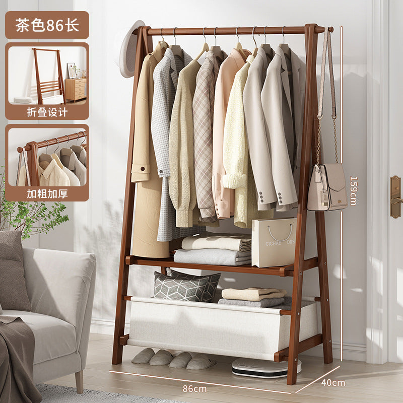 Household Bedroom Folding Coat Rack Floor Thickened Solid Wood Hanger Balcony Clothes Rack Clothes Hat Rack