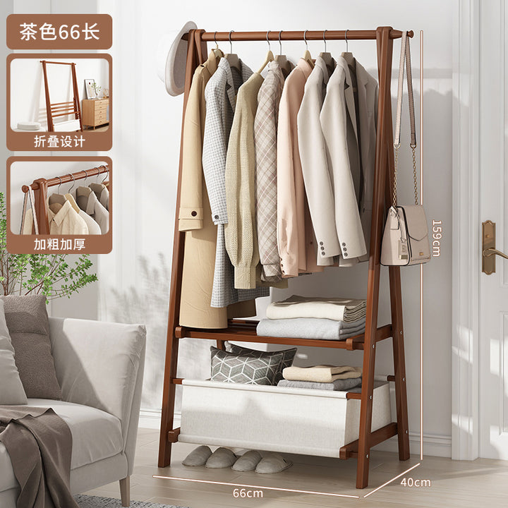 Household Bedroom Folding Coat Rack Floor Thickened Solid Wood Hanger Balcony Clothes Rack Clothes Hat Rack