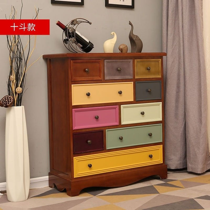 American Retro Chest of Drawers Solid Wood Mediterranean Drawer Storage Cabinet Living Room Distressed Color Five-Bucket Cabinet Bedroom