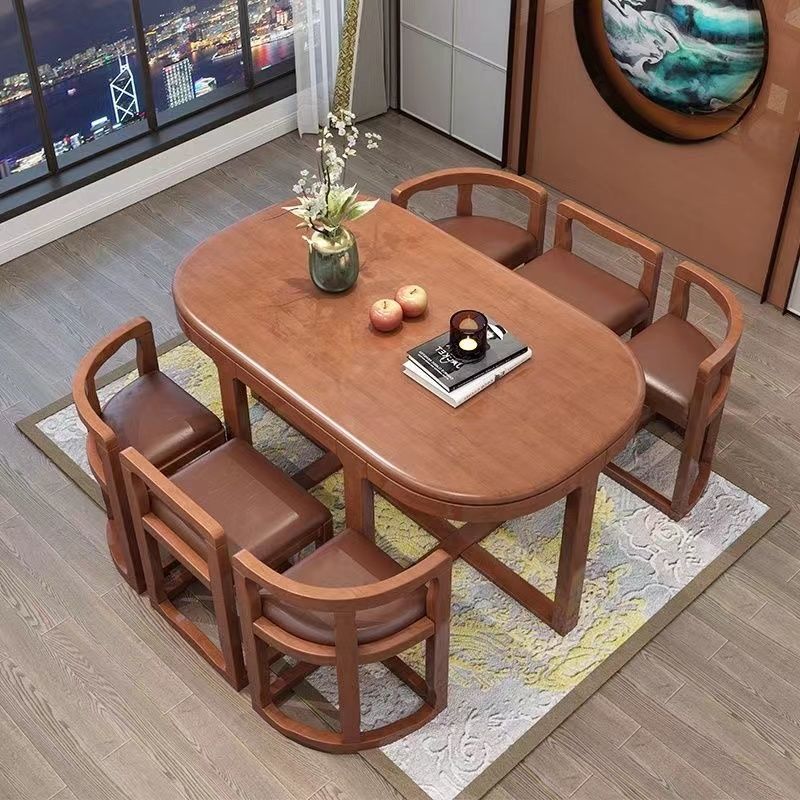 Simple Modern Solid Wood Dining Tables and Chairs Set Oval Household Small Apartment Retractable Dining Tables and Chairs Combination1.3Rice