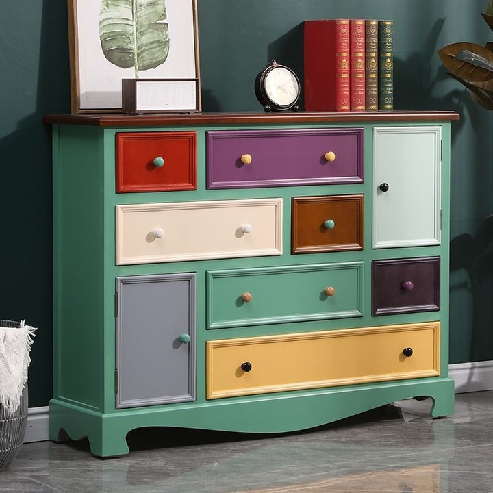 American Retro Chest of Drawers Solid Wood Mediterranean Drawer Storage Cabinet Living Room Distressed Color Five-Bucket Cabinet Bedroom