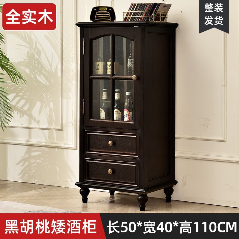 American-Style Solid Wood Small Wine Cabinet Single Door Display Cabinet Made of Glass European-Style Living Room Curio Cabinet Household Sideboard Cabinet