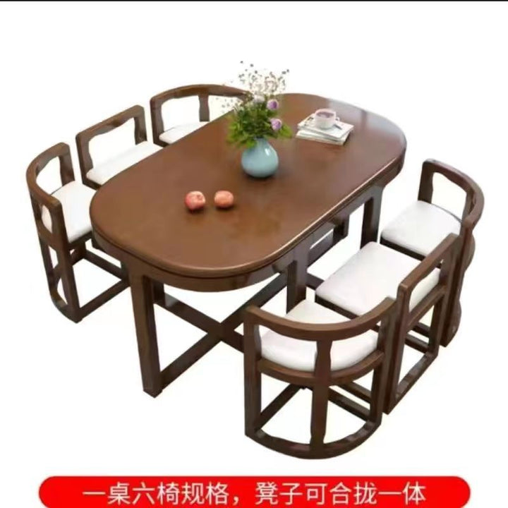 Simple Modern Solid Wood Dining Tables and Chairs Set Oval Household Small Apartment Retractable Dining Tables and Chairs Combination1.3Rice