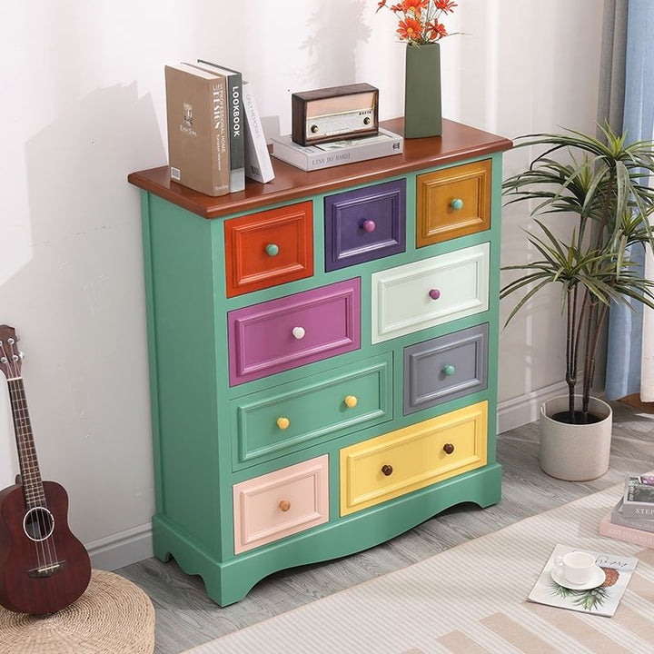 American Retro Chest of Drawers Solid Wood Mediterranean Drawer Storage Cabinet Living Room Distressed Color Five-Bucket Cabinet Bedroom