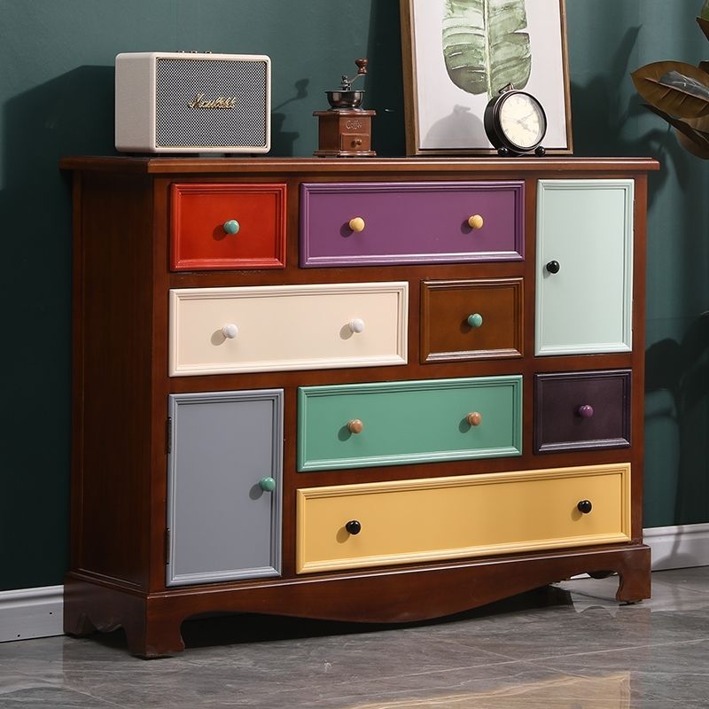 American Retro Chest of Drawers Solid Wood Mediterranean Drawer Storage Cabinet Living Room Distressed Color Five-Bucket Cabinet Bedroom