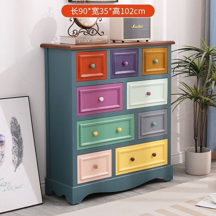 American Retro Chest of Drawers Solid Wood Mediterranean Drawer Storage Cabinet Living Room Distressed Color Five-Bucket Cabinet Bedroom