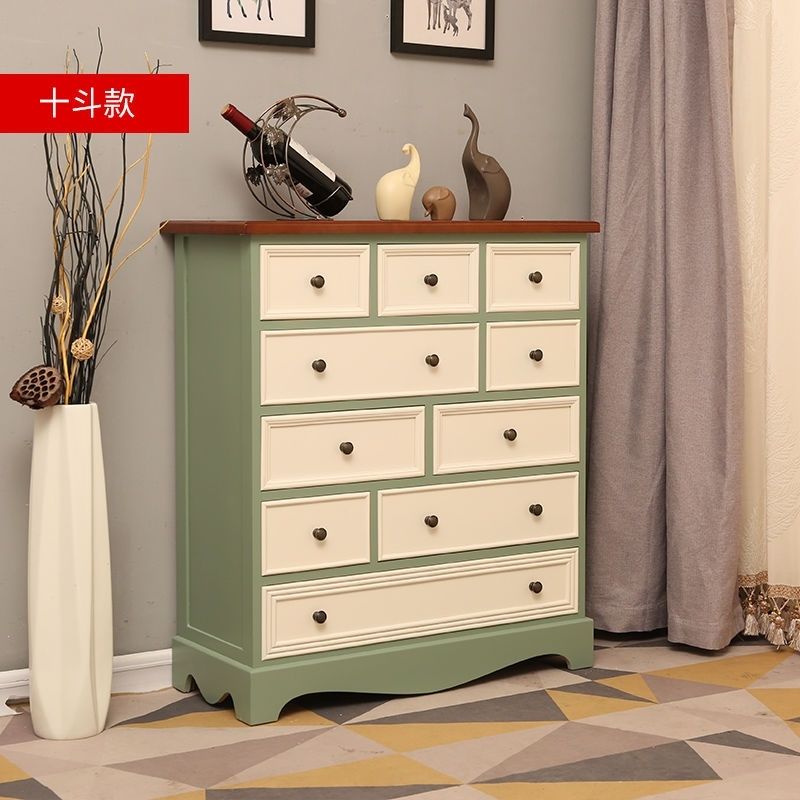 American Retro Chest of Drawers Solid Wood Mediterranean Drawer Storage Cabinet Living Room Distressed Color Five-Bucket Cabinet Bedroom