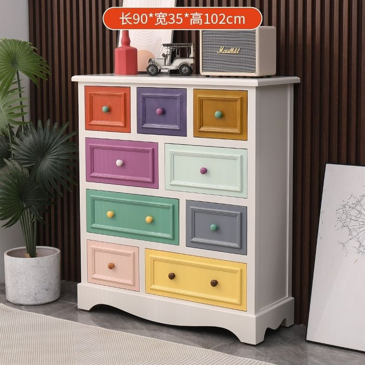 American Retro Chest of Drawers Solid Wood Mediterranean Drawer Storage Cabinet Living Room Distressed Color Five-Bucket Cabinet Bedroom