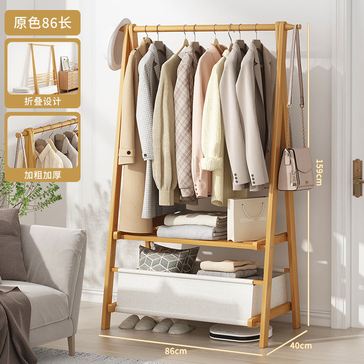 Household Bedroom Folding Coat Rack Floor Thickened Solid Wood Hanger Balcony Clothes Rack Clothes Hat Rack